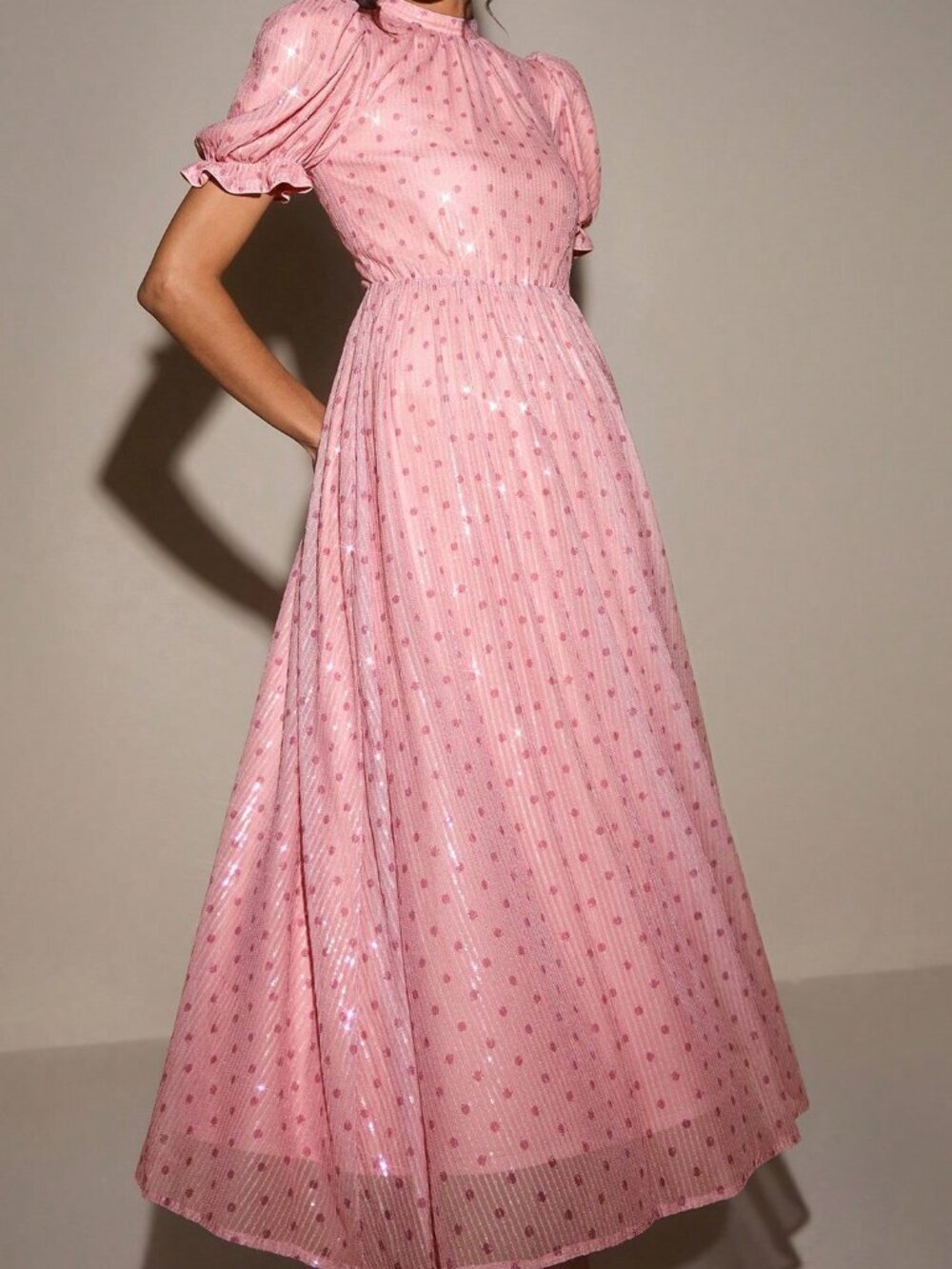 Pink Elegant Women's Polka Dot Beaded A-Line Dress